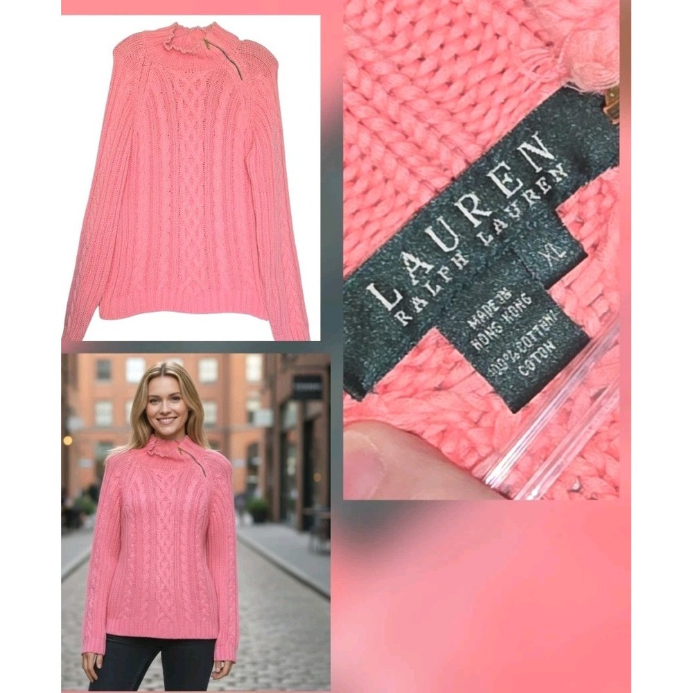 Ralph Lauren Sport Sweater Women Size Xl Coral Turtleneck Pullover Cable‎ Knit